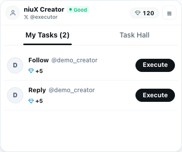 Seamlessly docked beside your X (x.com) timeline to claim tasks, earn credits, and launch boost campaigns.