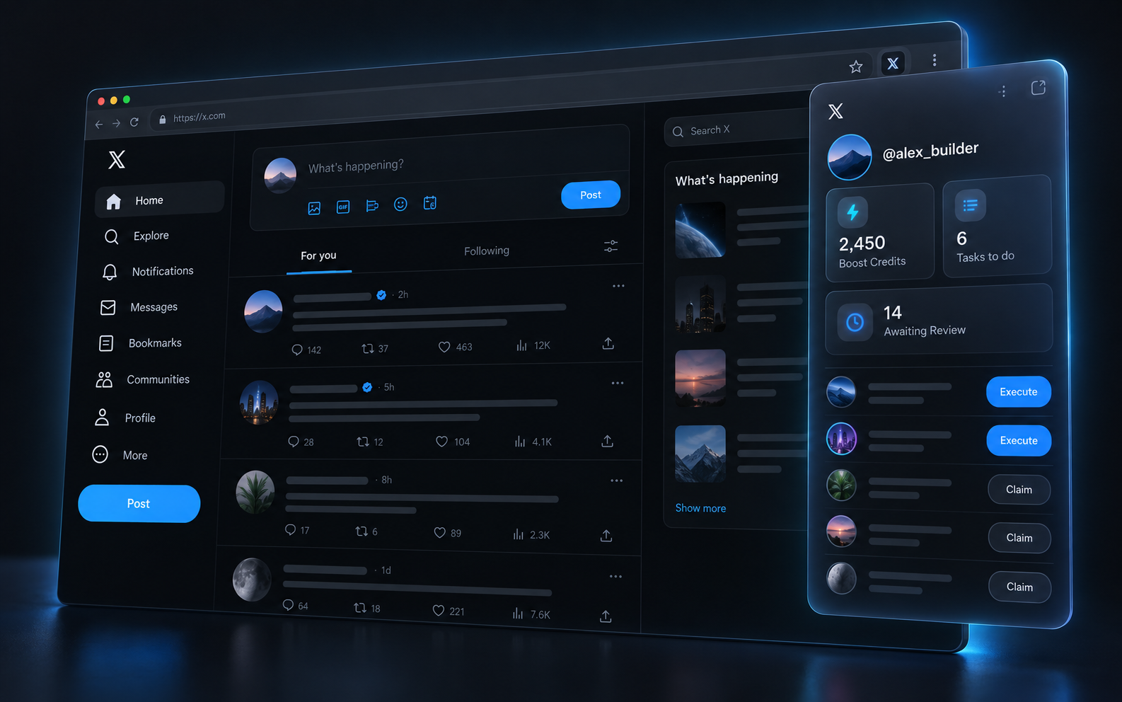 X のタイムラインとクリエイター向けタスクダッシュボードを表示する niuX ページ内ワークスペース